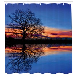 Ambesonne Panorama Shower Curtain, Tree Against Sunset View at Night with Sky Reflection Over The Lake Print, Cloth Fabric Bathroom Decor Set with Hooks, 84" Long Extra, Blue Orange