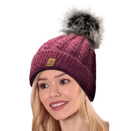 4sold Hat & Scarf Women's Ribbed Winter Beanie with Fleece Knitted Hat Mohair Wool Worm with Faux Fur Bobble Pom Pom Knitted Lined, Carla Burgundy