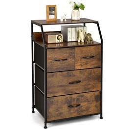 Giantex 4 Drawers Dresser, Tall Storage Tower w/ 4 Foldable Fabric Drawers & Open Shelves, Wooden Top & Metal Frame, Anti-Tipping Design, Tall Storage Chest of Drawers for Bedroom, Hallway, Closet