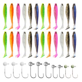 Pack of 33 Rubber Fish Fishing Lures Rubber Fish for Pike Rubber Fish Bait Fish 24 Baits (6 Colours) 10 Hooks (2 Sizes 5 Glow in The Dark) Suitable for Various Fishing Adventures