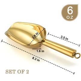 6 OZ Small Stainless Steel Scoop Set of 2, P&P CHEF Ice Food Candy Flour Scoop, Utility for Kitchen Garden Bar Wedding Buffet Bath, Durable & Non Toxic, Mirror Finish & Easy Clean, (Gold)