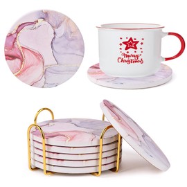 6 Piezas posavasos, posavasos marmol, posavasos absorbentes, posavasos de cerámica, posavasos para bebidas, absorbentes, base de corcho, resistente al calor y antideslizante, reutilizable (Rosa)
