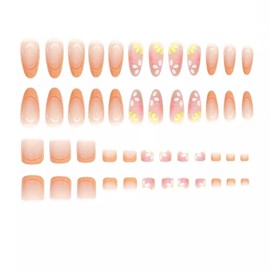 Almond Press On Nails Square Fake Toenails Orange French Tip False Nails With Flower Design Medium Glue On Nails Cute Acrylic Nails Glossy Floral Stick On Nails For Women 48Pcs