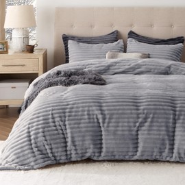 Bedsure Fluffy Duvet Cover Set - Ultra Soft Plush Shaggy Comforter Cover Queen Size, Warm Flannel Fleece Bed Sets for Winter, 3 Pieces (Striped Pattern, Medium Grey)