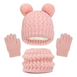 Bekecidi Kids Winter Warm Beanie Hat Scarf Gloves Set, Thermal Knitted Pom Pom Bobble Hat Scarf and Gloves Set Thick Fluffy Toddler Cap Neck Warmer Touch Screen Gloves for Girls Boys Age 2-8 (Pink)