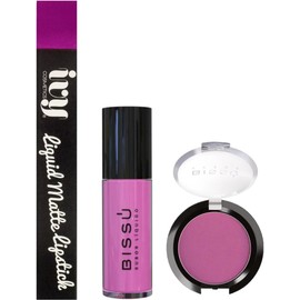 Rubor Liquido + Rubor en Polvo Bissu + Labial Liquido Mate Indeleble IVY de Larga Duracion 5 Tonos Disponibles (Jacaranda)