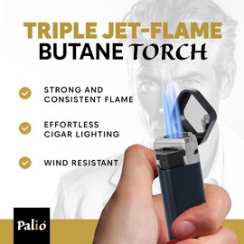 Palió Treo Triple Jet Flame Butane Torch Lighter, Navy Blue | Wind Resistant, Oversized Refillable Fuel Tank, Adjustable Flame, Easy Push Ignition, Flip-Top Lid, High Altitude Tested