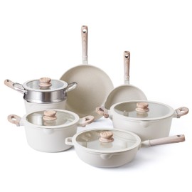 Country Kitchen Non-Stick Cast Aluminum Cookware Set - Durable Kitchen Cookware for Everyday Cooking, Cream Round Handle, 11 Pc.
