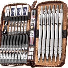 Nicpro 30PCS Metal Mechanical Pencils Set in Leather Case, Clutch Propelling Drafting Pencil 0.5, 0.7, 0.9 mm, 2mm Lead Holders for Sketching Drawing, 16 Tube (6B 4B 2B HB 2H 4H Colors) Lead Refills