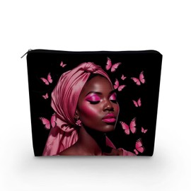 YULUENZE African American Lady Makeup Bag Cute Small Canvas Organizer Bag with Zipper Pink Butterfly Black Woman Cosmetic Bag Aesthetic Birthday Present for Women Sisters Friends