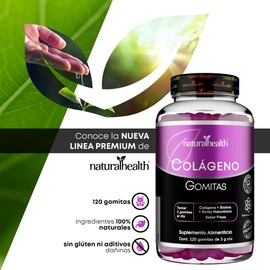 Natural Health. Gomitas de Colágeno, Biotina y Ácido Hialurónico. Sabor Fresa. 120 gomitas 3g. Ingredientes naturales.