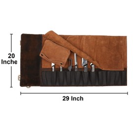 Leather Knife Roll Storage Bag | Elastic and Expandable 11 Pockets with Tool Pouch | Adjustable/Detachable Shoulder Strap | Travel-Friendly Chef Knife Case Roll (Walnut Brown)