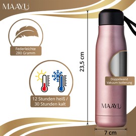 MAAYU Stainless Steel Drinking Bottle, 550 ml, BPA-Free, Leak-Proof Thermos Flask, Suitable for Sports, Office, University, School, Thermos Flask for Coffee and Tea (Rose Gold)