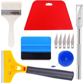11 Pcs Papel Tapiz Juego de Herramientas, Kit para Colgar Papel Tapiz y Vinilos, Herramienta para Alisar Papel Tapiz con Pincel, Raspador de Papel Tapiz,Escobilla de Goma Roja y Cinta Métrica