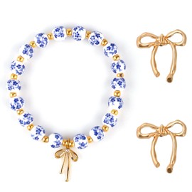 Blue Bracelet with Gold Bow Earrings, Blue Jewelry Sets Vintage Flower Ceramics Bracelet Bead Charm Bow Jewelry for Women Gift