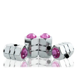 Bling Anti-Theft Locking Pink Crystal Diamond Rhinestone Metal Chrome Tire Rim Valve Stem Cap-VC-PKC