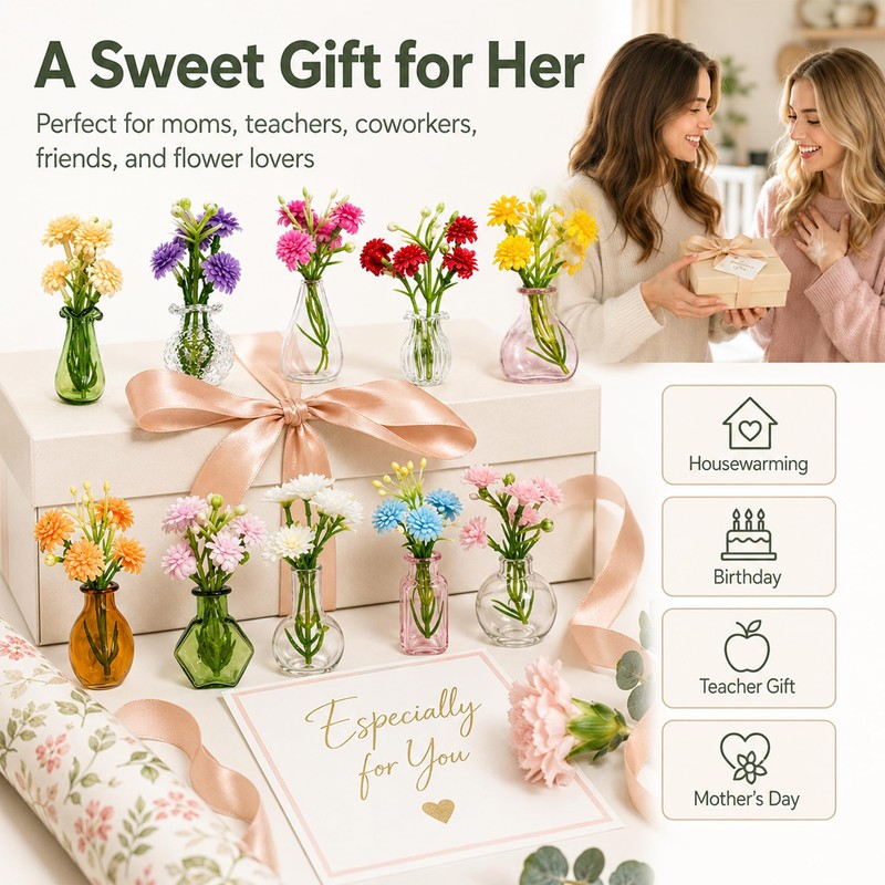 10-Pack Mini Vase Magnets for Fridge with Flowers, Glass Vases