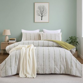 Purefair 100% Cotton Jacquard Comforter Set, Striped Floral Print, Soft Lightweight Reversible 3 Piece Bedding Sets for All Season, King(104"x90")