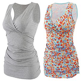 KUCI Maternity Nursing Tank Top, Women Maternity Pajama Tops Nursing Cami Sleep Bra for Breastfeeding (L, Grey+Orange Print/2Pack)