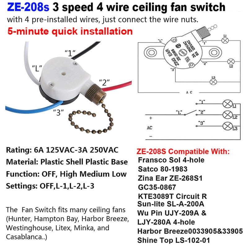 Akahttbn Ceiling Fan Switch ZE-208s E89885 3 Speed 4 Wire