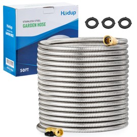 Metal Garden Hose 50 FT, Stainless Steel Water Hose, Garden Hose Tough & Flexible, Lightweight, Crush Resistant Brass Fittings & Shut Off Valve, Kink & Tangle Free, Rust Proof (Silver, 50 FT)