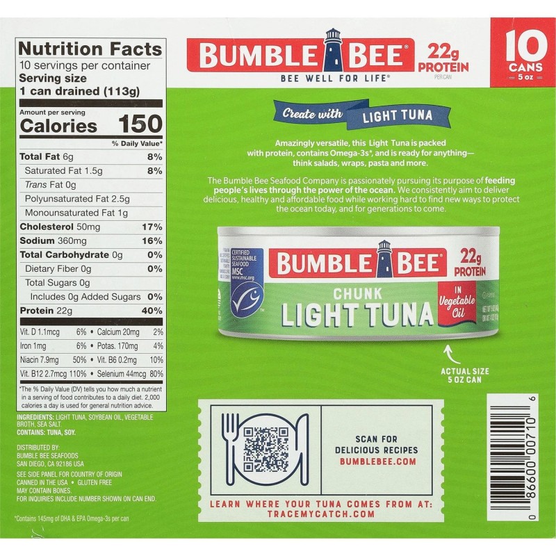 Bumble Bee Chunk Light Tuna in Oil 5oz Cans, 10-Pack
