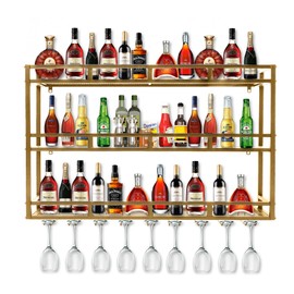HFTUW Metal Wine Rack Wall Mounted, Wall Bar Shelves for Liquor Bottles with LED Light, 3 Tier Large Capacity Liquor Rack Wall Mounted with Glass Holder for Home Bar & Dining Room （Gold, 47in/120cm）