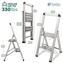 Step Ladder 2 Step Folding, Decorative - Modern Beautiful Silver Aluminum,Lock Mechanism, Ultra Slim Profile, Anti Slip Steps, Sturdy-Portable for Home, Office, Kitchen, Photography Use,by SORFEY