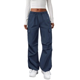 COPYLEAF Cargo Pants Women Elastic Waisted Parachute Hiking Pants with Pockets Water-Resistant Lightweight Baggy Pants(Navy Blue M)