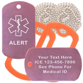 Custom 2 Pack - Alert Medical Alert ID Necklaces with Pink Custom Tags, Orange Silencers, and 30'' USA Chains