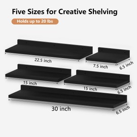 Yonscess Floating Shelves for Wall Set of 5,Black Floating Shelves bathroom,30 Inch Natural Wood Book Shelf for Wall Mounted,Home Decor Display Shelving,Storage Shelves for Living Room,Bedroom,Kitchen