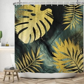 Bovlleetd 180 x 180 cm Gold Monstera Leaf Shower Curtain Abstract Art Bathroom Curtain Bohemian Mid-Century Shower Curtains Pink Grey Plant Leaves Shower Curtains for Bathroom Decor