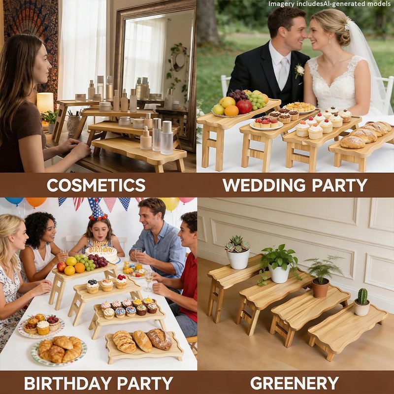 4 Tiered Serving Tray for Party Pine Wood Foldable Tiered