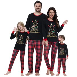 VENTELAN Matching Christmas Family Pajamas Sets Christmas Tree Print Top and Plaid Pants Sleepwear for Couples and Kids,Women,XL