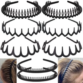 ULTIMUTE 8 PCS Fashion No Slip Effortless Plastic Headbands with Teeth Comb Black Skinny Hair Accessories Bands for Women Men Teen Girls, Matte Black