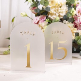 UNIQOOO Frosted Arch Wedding Table Numbers with Stands 1-30, Gold Foil Printed 5x7 Acrylic Signs and Holders, Perfect for Centerpiece, Reception, Decoration, Party, Anniversary, Event