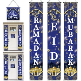 DPKOW Ramadan Mubarak Banner Eid Ramadan Decorations for Home, Blue Gold Ramadan Banner Eid Mubarak Decorations Islamic Muslim Eid Welcome Porch Sign, Eid Banner Decorations Ramadan Gifts Supplies