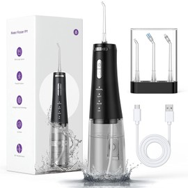 Cordless Water Dental Flosser Professional for Teeth, 300ML Portable and USB Rechargeable Dental Oral Irrigator for Home and Travel. 4-Modes 4 Jet Tips. IPX7 Irrigate for Oral Care