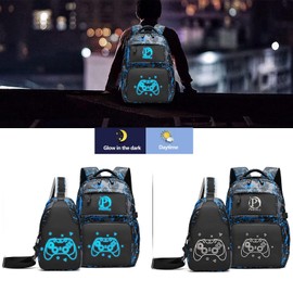 Pawsky Anime Luminous Backpack School Backpack with USB Charging Port for Teen Boys, College School Bookbag Lightweight Laptop Bag with Sling Bag Set, Blue