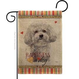 Bichon Frise Happiness Burlap Burlap Garden Flag Animals Dog Puppy Spoiled Paw Canine Fur Pet Nature Farm Animal Creature Small Decorative Gift Yard House Banner Double-Sided Made In USA 13 X 18.5