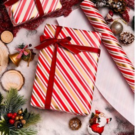MAYPLUSS Christmas Stripe Wrapping Paper Roll - 17 Inch X 33 Feet - Classic Red Candy with Gold Diagonal Stripes Winter Holiday Gift Wrap for Weddings Birthday Party Showers and Scrapbooking