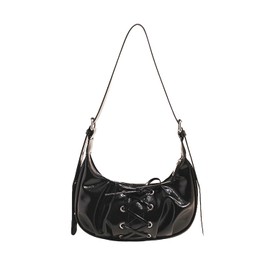 Lapimou Hobo Bag, Shoulder Bag, Long, Ribbon, Women's Handbag, Silver Bag, Mine Type, Y2K, Ballet Core, Horizontal Bag, Black, Silver, Shoulder, Double Pockets, Stylish, Cute (Black)