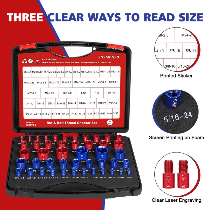 SNSMBNSR 46Pcs Thread Checker, Nut and Bolt Thread Checker 24