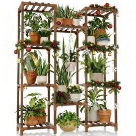 Bamworld Plant Stand Indoor Outdoor Tall Plant Shelf for Multiple Plants Pots Wood Flower Stand Large Flower Holder for Living Room, Patio, Balcony, Garden Decor, Brown