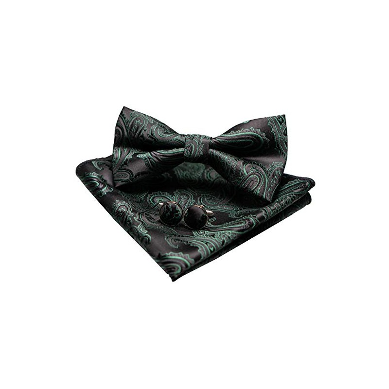 JEMYGINS Men's Paisley Pattern Bow Tie, Cuffs, Buttons, Handkerchief Set,