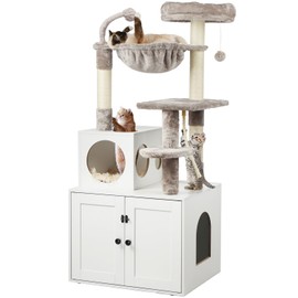 Timberer Cat Tree with Litter Box Enclosure, 2-in-1 Cat Tower for Indoor Cats, Large Wood Cat Condo with Basket, Scratching Posts, Pompoms, White