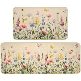 Nialnant Wildflower Kitchen Mats Set of 2, Non Slip Floral Kitchen Floor Mats, Vintage Flowers Kitchen Rugs for Floor, Washable Kitchen Mats for Floor 17'' x 47'' + 17'' x 30''