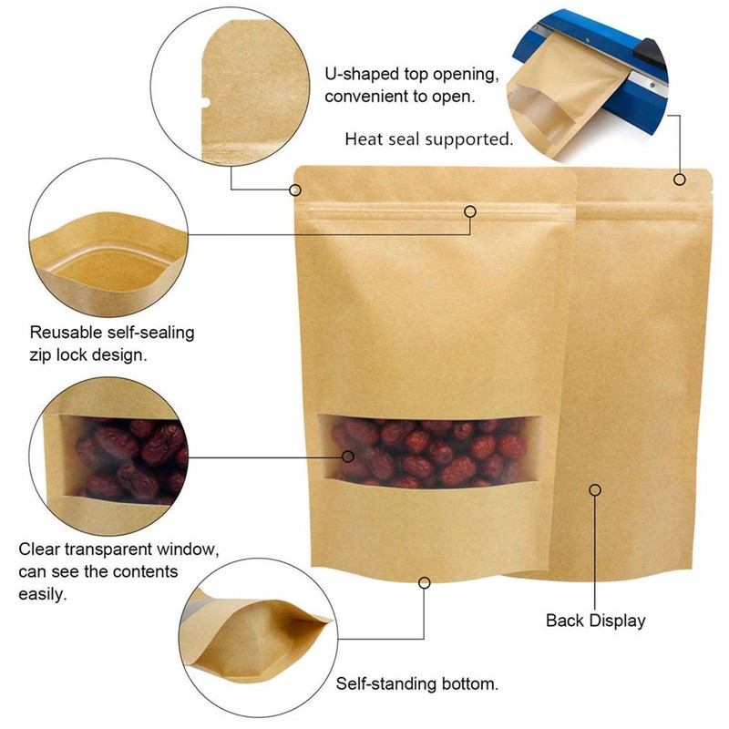 50pcs Kraft Bags with Window Resealable Stand Up Ziplock Pouches