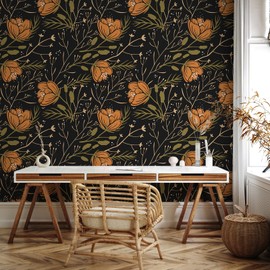 VEELIKE Black Floral Peel and Stick Wallpaper Boho Orange Floral Wallpaper for Bedroom Bathroom 17.7''x118'' Prepasted Removable Dark Botanical Wall Paper Flower Contact Paper for Cabinets Shelves