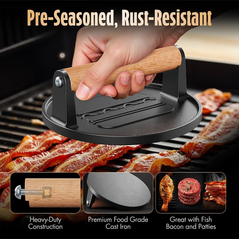 Pisol Smash Burger Press, Pre-Seasoned Cast Iron Hamburger Smasher, 2